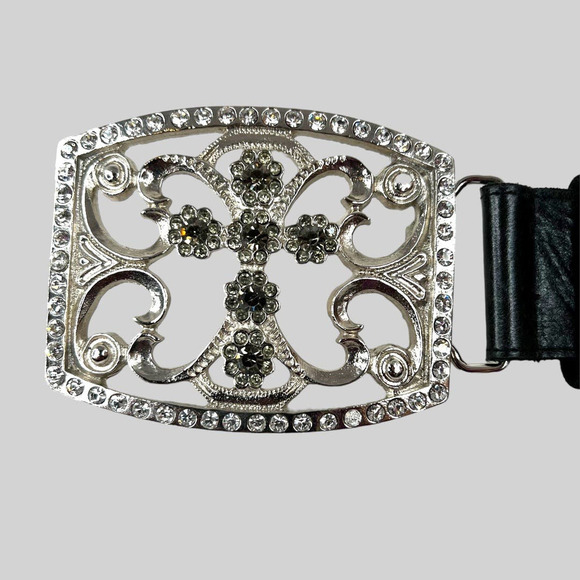 Bebe Cross Buckle Black Leather Belt Rhinestone Studded Women's Size S/M - Picture 10 of 14